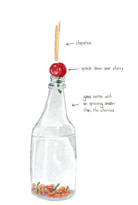 16. The Easy Way To Pit A Cherry
Use a chopstick to poke the cherry pit out while still keeping the cherry in one whole piece. All of the pits go into the bottle, making clean up easy.