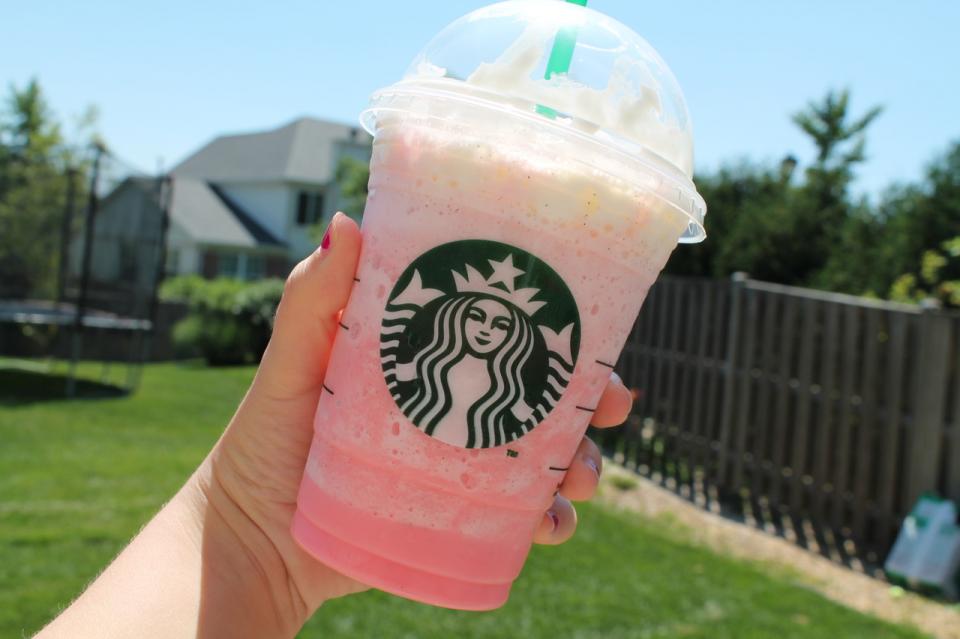 Cotton Candy Frappuccino

The Secret:	
Vanilla Bean Frappuccino with 1-2 extra pumps of Raspberry Syrup

How to Order:	Ask your barista for a Vanilla Bean Frappuccino with an extra 1-2 pumps of Raspberry Syrup