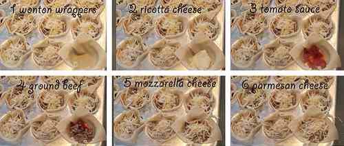 Add ricotta cheese, tomato sauce, ground beef, mozzarella cheese  and parmesan cheese in each.

