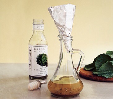 Aluminum Foil as a Funnel. To transfer salad dressings or condiments from tacky plastic bottles to pretty carafes or back again.