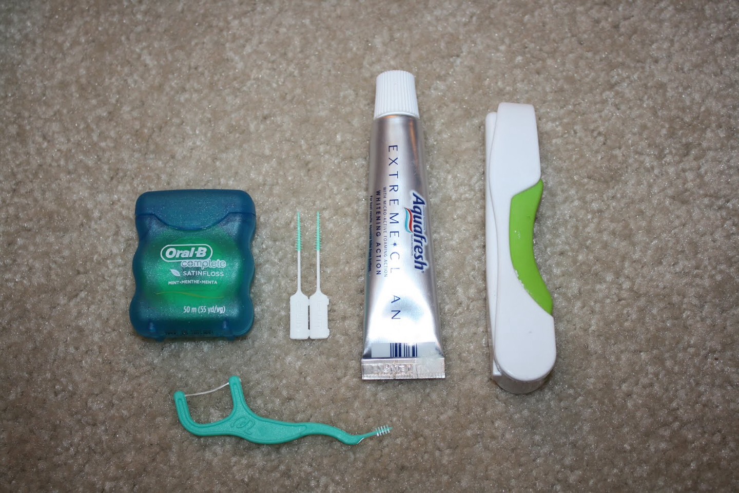 Tooth brush, and floss. Just if you forget in the morning or after lunch. Or you can bring mints or gum or something.