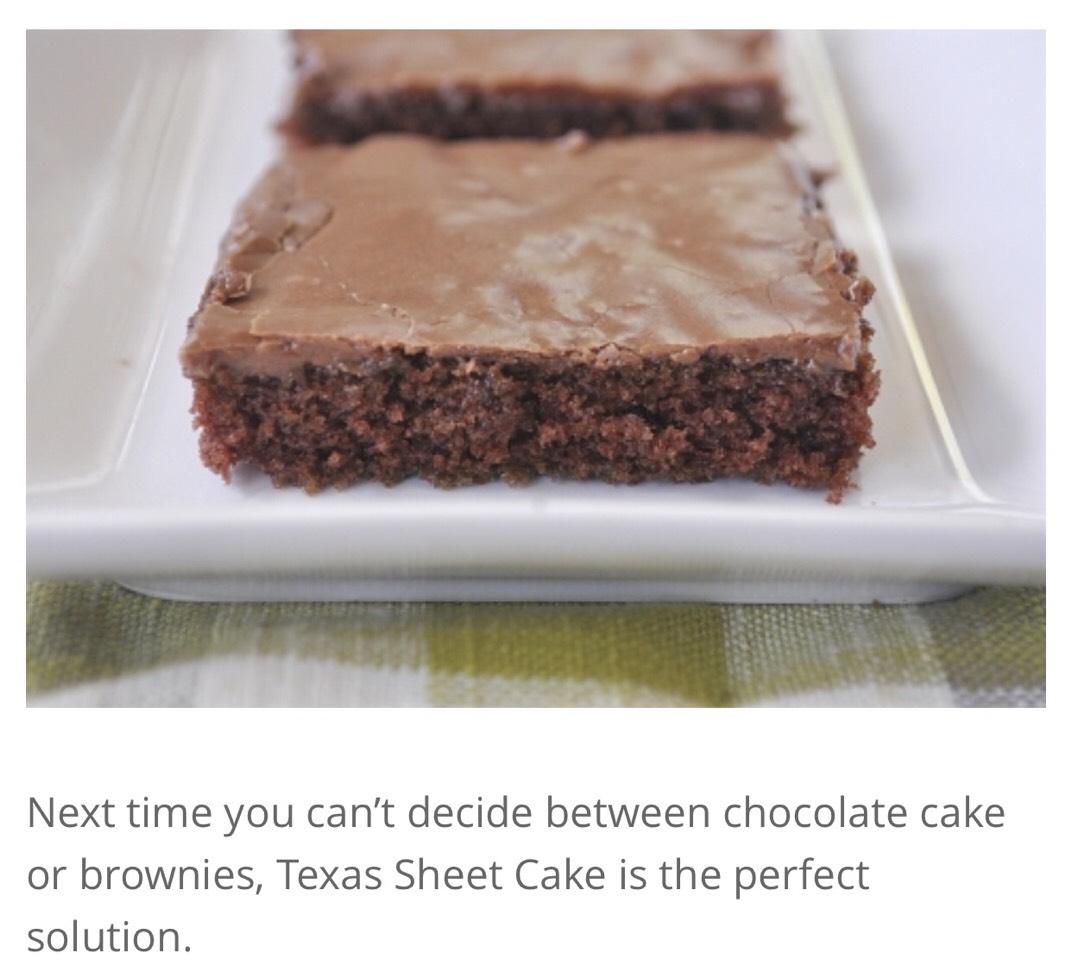 Texas Sheet Cake. Combination Of A Chocolate Cake And Brownie All In One. 😍