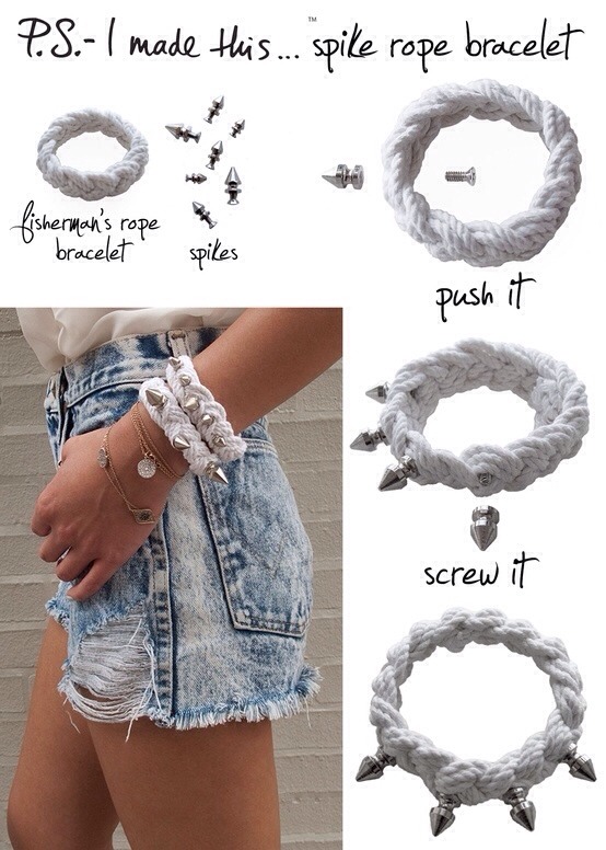 The Spiked Rope Bracelet

Full instructions here:
http://pinterest.com/pin/14777504998556582/