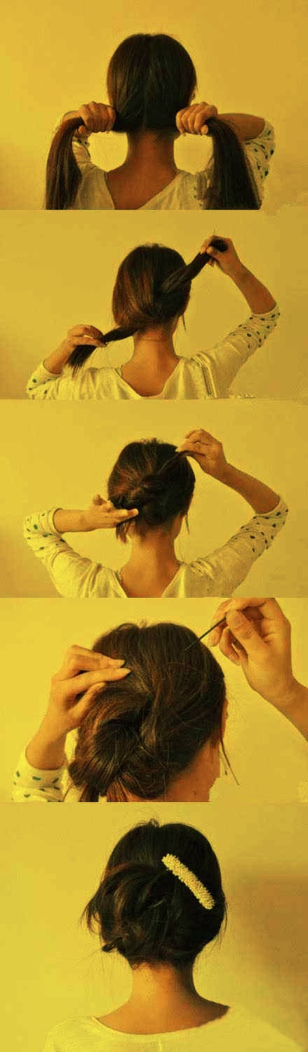 2.. 20-second updo — split, knot, twist, and pin.