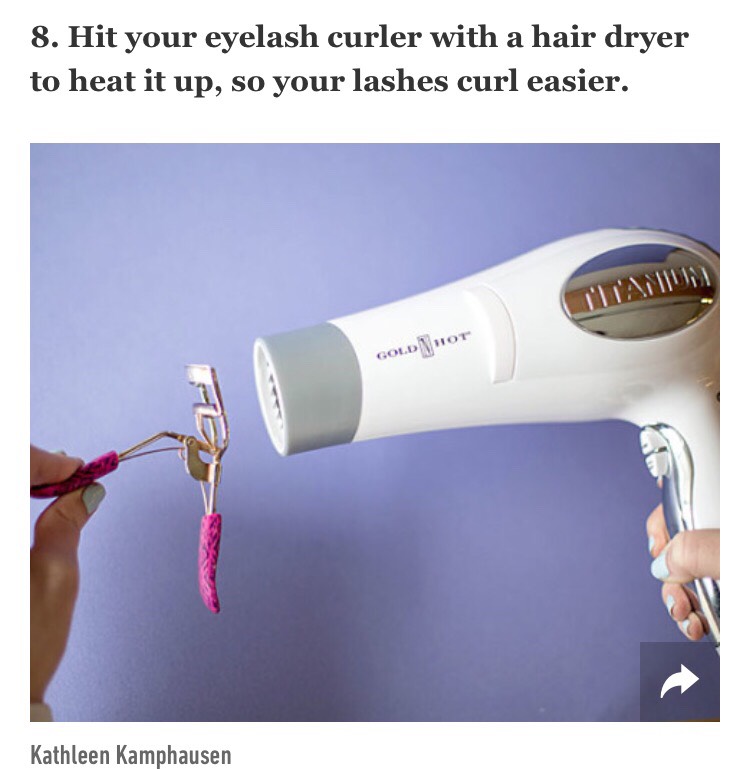 Blowing hot air on your eyelash curler will help your lashes curl easier and stay curled longer; it works the same way heat changes the pattern of your hair and holds a curl with a curling iron.
