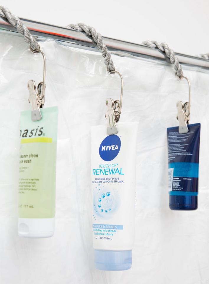 7. Use curtain clips to hang products at the top of your shower to eliminate mildew and reduce clutter from around the edges of your tub. Because who honestly only has one bottle of shampoo?