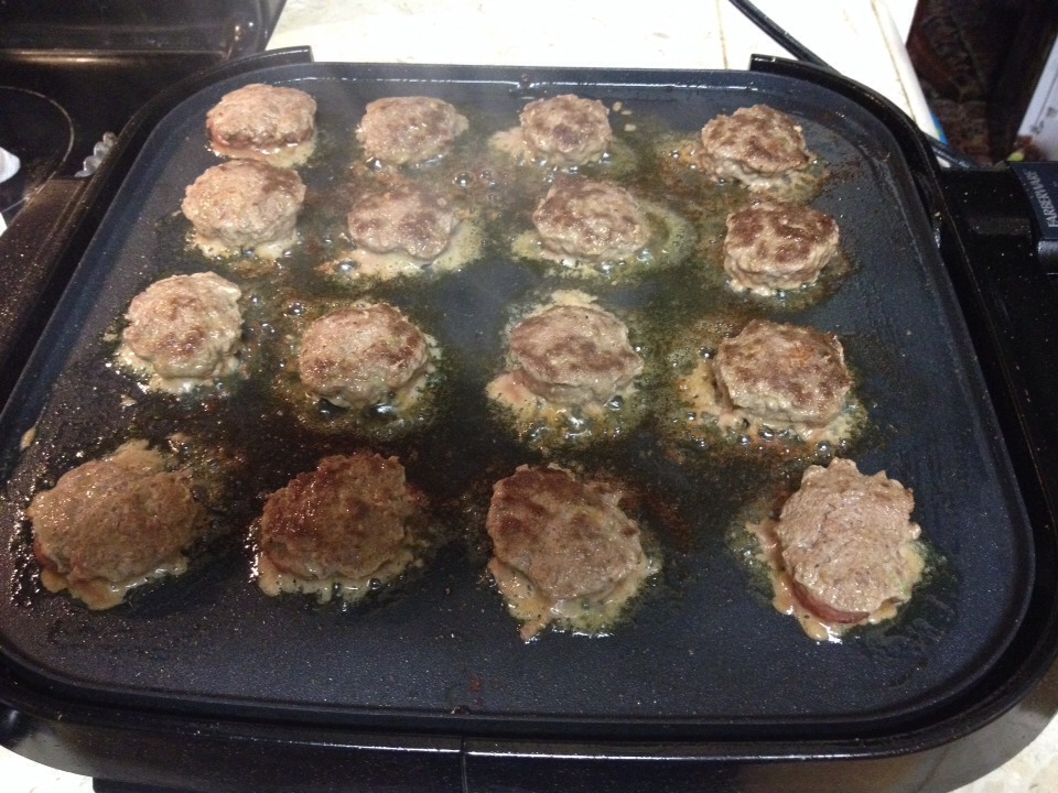 Mini Burger Patty:
Ground Beef - 1 lb. 
Egg - 1
Fresh Jalapeño Pepper - 1/2 (grated)
Montreal Steak seasoning - to taste
Ground Chipotle - to taste
Onion Powder- to taste
1. Mix all ingredients together. 
2. Make mini burger patties, approx 2 in across. 
3. Cook at 350 stove top. 