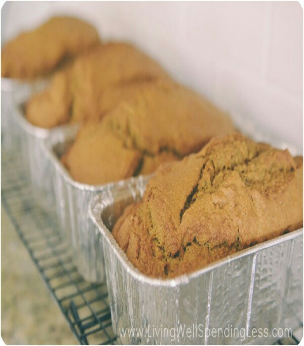 
Bake at 350 degrees for 45-50 minutes, until knife inserted in the middle of the loaf comes out clean. Let cool on wire rack for 10 minutes, then remove from pan and let cool completely. Makes 4 loaves.
