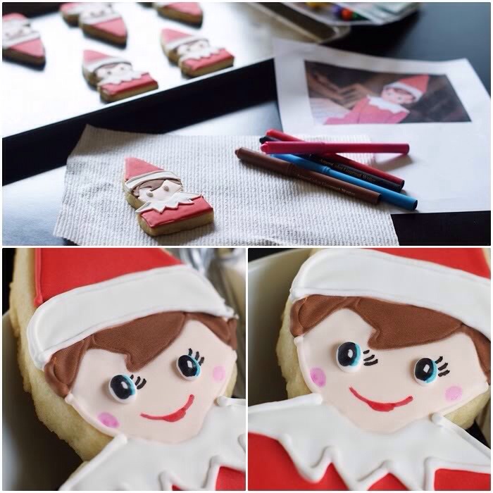 The next day, use food coloring pens to add the eye detail, eyelashes, smile and rosy cheeks.
(I used a picture of Elf on the Shelf as a guide.)