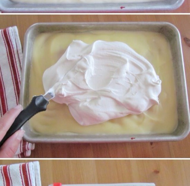 Let the pudding set and add the whipped cream on top of it. Spread the whipped cream over the cake evenly. 