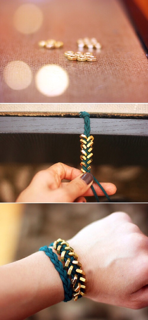 Chevron Braided Hex Nut Bracelet

Full instructions here:
http://whollykao.com/2011/06/18/hexed/