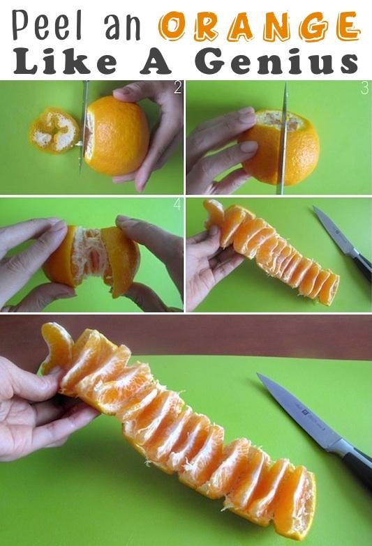 5. How To Peel An Orange
This tip is especially useful for those of you that don’t have any nails to dig into the tough skin of an orange. With a few clever cuts of a knife, you can peel an orange and eat it without juice dripping all over your hands. 