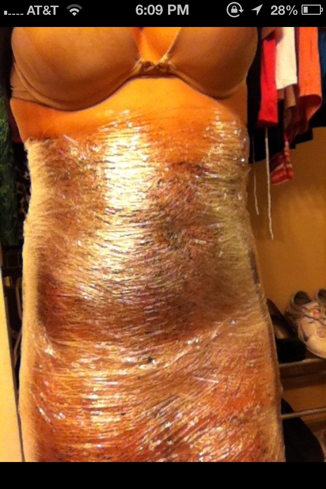 FUN PART! You get to wrap your body in plastic wrap! As tight as possible! Leave on for 20-30 minutes.