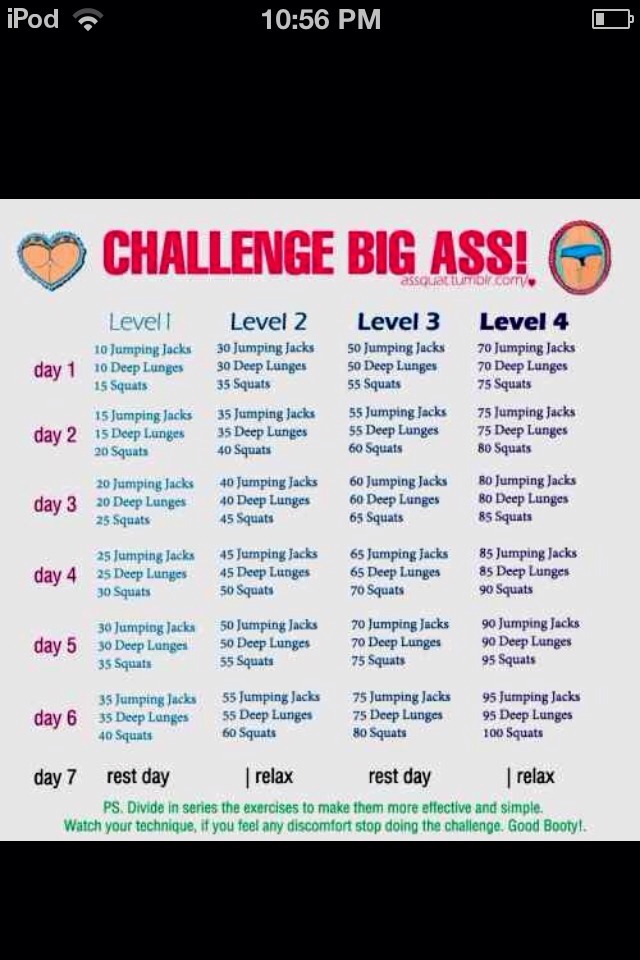 This is another challenge to get a healthier and bigger butt, this challenge is great especially if you don't want to do as many squats as you would in the squat challenge   