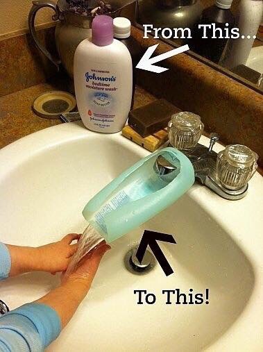 Turn old lotion bottle into a faucet extender for smaller child to reach 