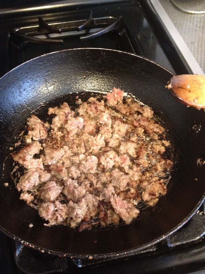 Start off browning your favorite protein. I used turkey sausage! 