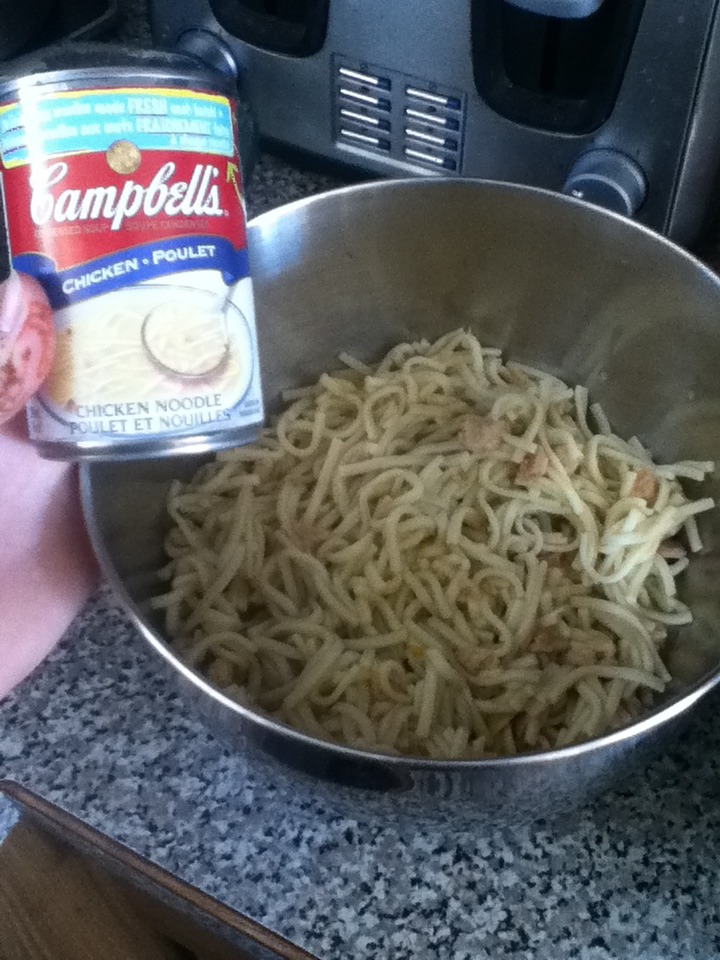 I didn't have chicken broth so I used Campbell's soup and separated the noodles you can add the noodles at the very end or discard them.