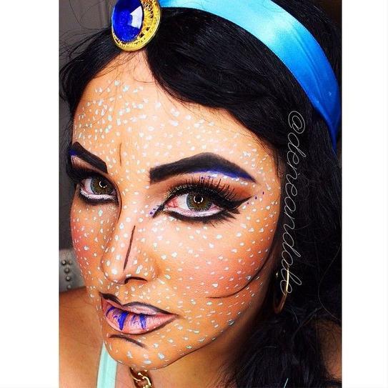 5. Cover your face with white spots, fill in your brows with black pencil and create winged makeup with black eyeliner. Add blue strokes on your lips, as well as on the bottom of your brows. For a fierce look, create black strokes on your nose, as well.