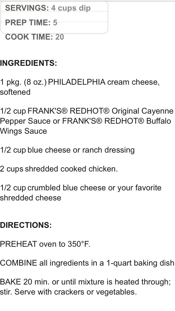 yummy buffalo wing dip I use cheddar cheese and if find the best chips are tostitos scoops