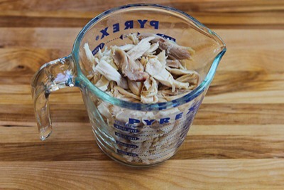 I started with two cups of shredded chicken from a rotisserie chicken.  We kept the chunks of chicken pretty large.