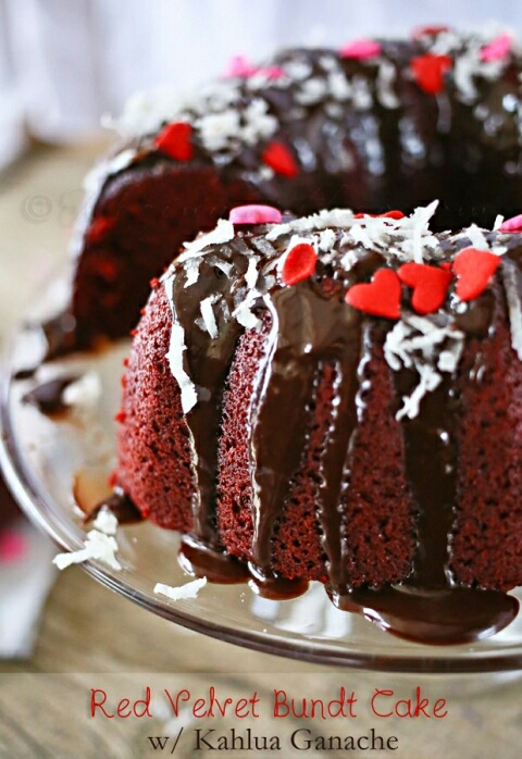 red velvet bundt cake with Kahlua ganache
