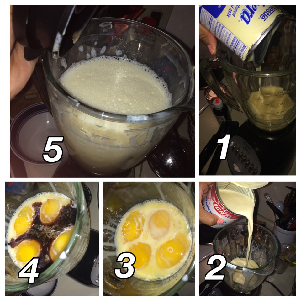 Then we will mix the ingridients in the blender, eggs,vanilla, and both types of milk,blend for about 1 or 2 minutes