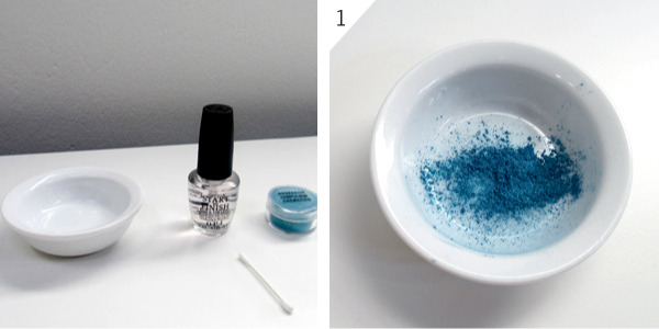 put the nail polish in the bowl and eyeshadow then mix it make sure it doesn't have any chunks then that little nail polish contianer pour the nail polish in the container