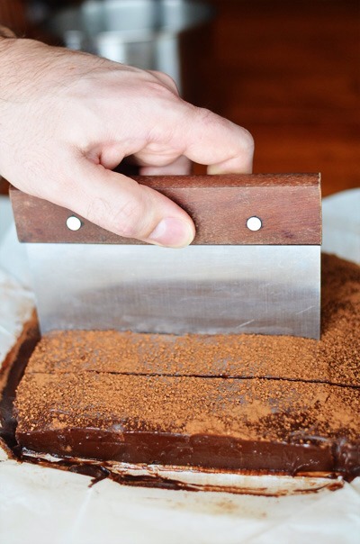 Set aside overnight to slowly set up. (I set mine on the counter overnight, then I popped it in the fridge the following morning to firm it up.) Run a knife around the edge of the pan and turn out onto a clean cutting surface. Slice into 1 ¼” cubes. 