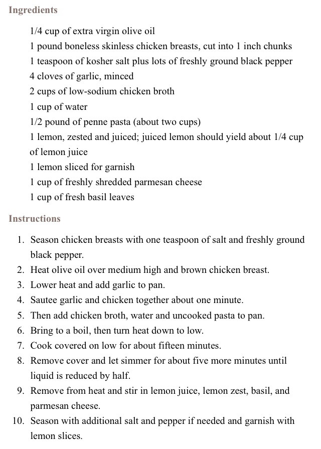 Lemon Chicken and Pasta 