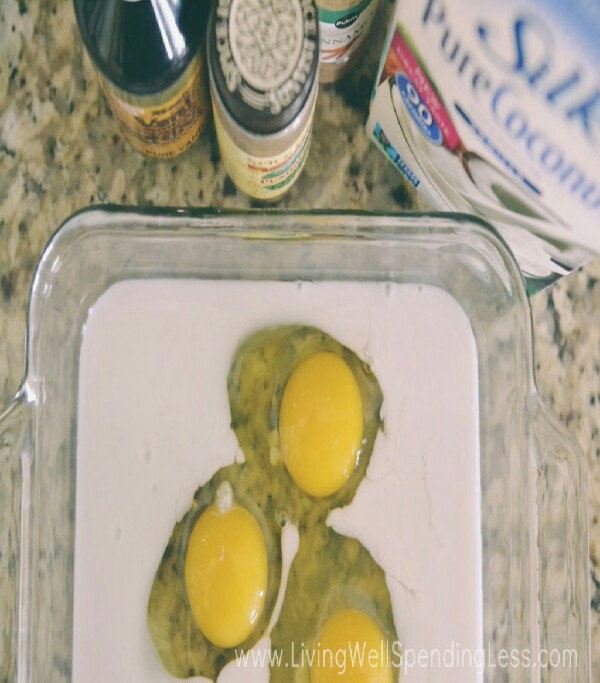 Instructions
Add coconut milk and eggs to a low dish or bowl. (I used an 8×8 baking dish)
