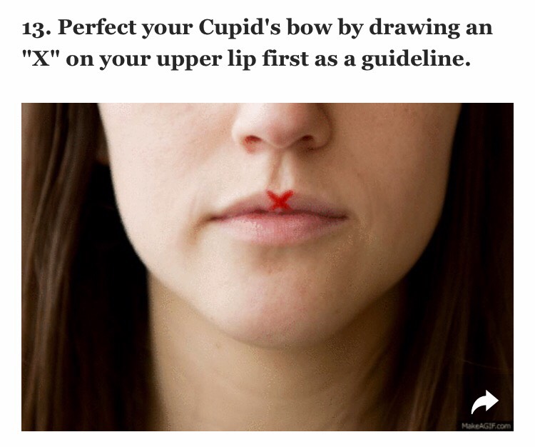 To make the Cupid's bow part of your pout look perfect, the easiest and quickest way is to take a lip liner in the same shade as your lipstick and create an "X" at your Cupid's bow. Then, apply your lipstick as you normally would and voil!