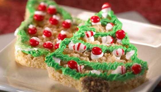 Christmas trees! Rice Krispy treats, M&M's, peppermint candy, green and white icing. So cute!