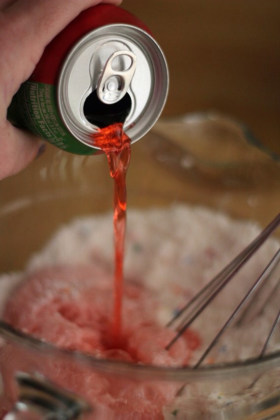 Preheat oven on 350 and line cupcake tin with liners
In a bowl combine a room temperature soda and your cake mix