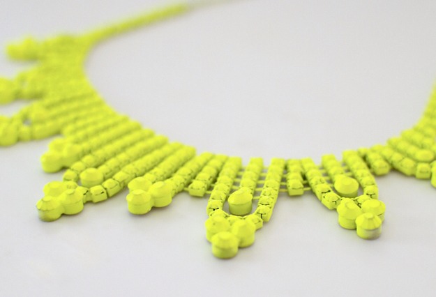 The Spray Painted Rhinestone Necklace (This is a great way to ♻️upcycle old tarnished jewelry that you don't wear anymore-bring them back to life!)
Modeled in next photo

Full instructions here:
http://apairandasparediy.com/blogger?q=http://apair-andaspare.blogspot.com/2011/11/diy-neon-necklace.html