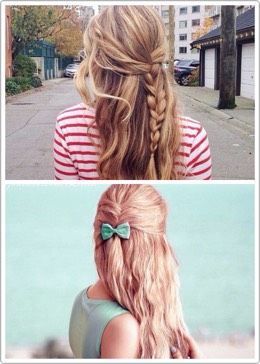 the half-up braid 
pull the front section of your hair back, the braid it down the back. you can also do a small fishtail and end it partway.  waves or curls are optional. 
