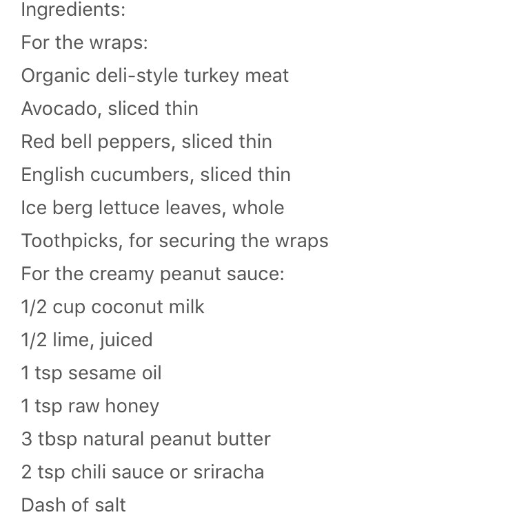 Turkey Avocado Veggie Wraps With Creamy Peanut Dipping Sauce.