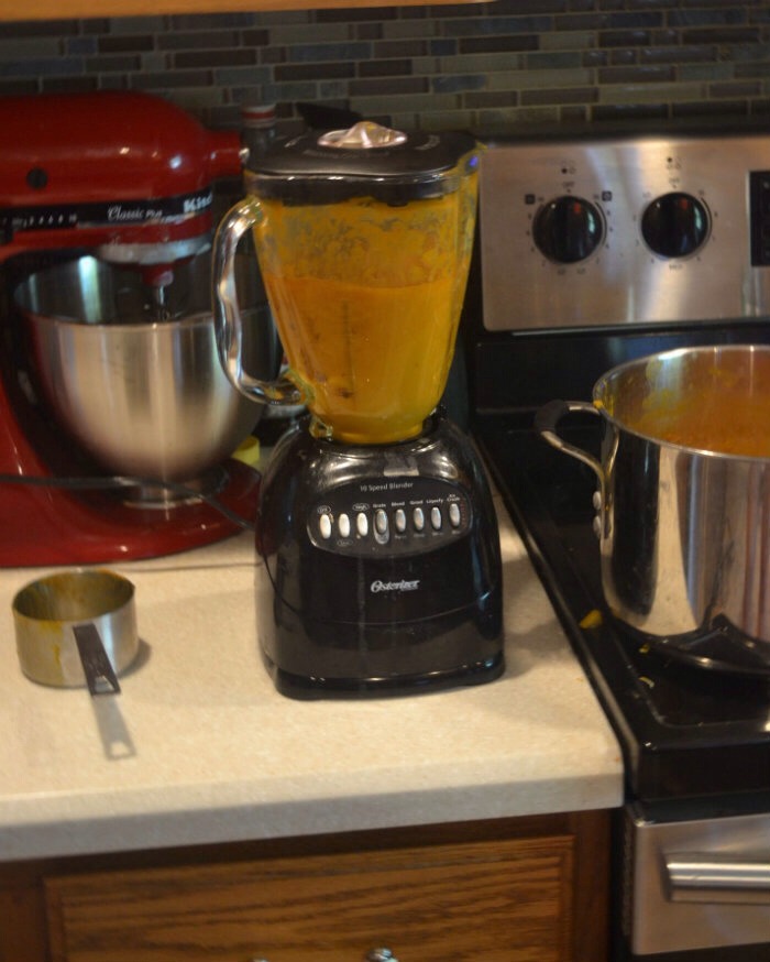 4) Blend together.  You might have to get another soup pot out because it will fill up your blender 3-4 times. 
