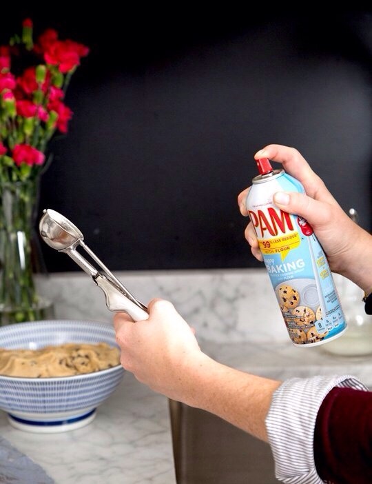 Also, spray it on your cookie scoop so the dough doesn't stick.