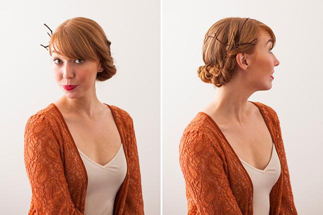 20. Braid, Twist, and Branch: We’ll end this roundup with a romantic hairdo that’s made up of three softly-twisted and braided buns. For extra festive flair, add in a gilded tree branch. (via Brit + Co.) 