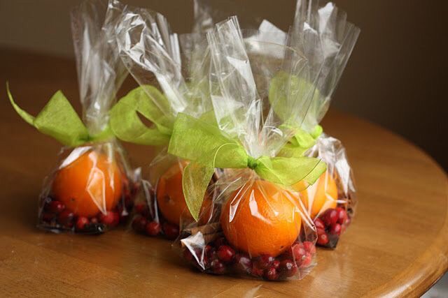 Stove-top potpourri kits. One orange, 1/2 c cranberries, 1 Tbs whole cloves, 3 sticks cinnamon, a bit of grated nutmeg. Instructions: "Quarter the orange, place all in a small saucepan filled with water and simmer on lowest setting. Refill water as needed."