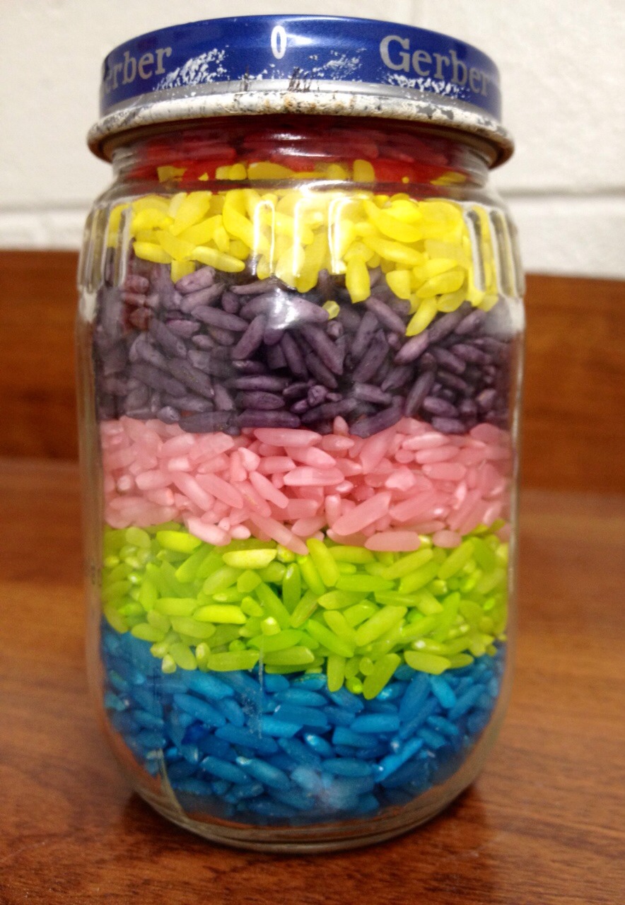 Add a cup of rice to a freezer bag (make sure it's really thick!) and add 1/2 tbs of kool aid powder. Add 1 tsp of rubbing alcohol.  Shake the bag until rice is saturated. Pour the wet rice out and allow to dry for 6 hours. 