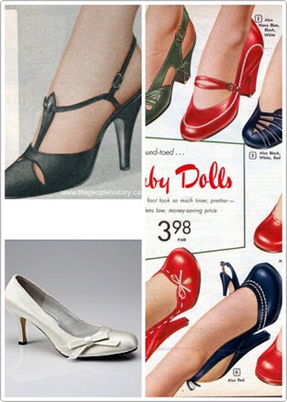 The Shoes 
The women of that time walked with elegance. There was a decrease in men because of WWII so women did anything to hook a man. The women close to or during marriage age started to wear stelletos. The shoes made feet look elegant or cute with their not full 6 inch heel design. 
