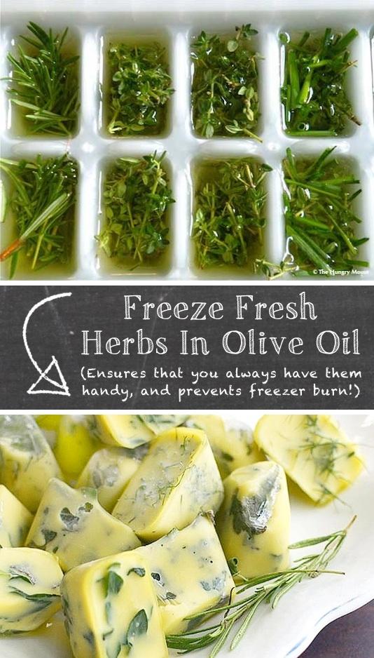 29. Freeze Herbs In Oil
If you freeze your herbs in olive oil it will prevent them from browning and getting freezer burn. Not to mention they will always be handy, whether in season or not. Toss the cubes in a pan for sautéing meat and veggies, or use them as a sauce for pasta.