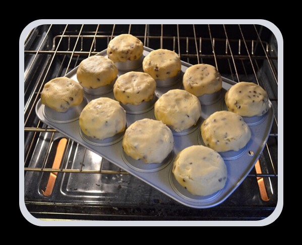 Directions
Make some cookie dough using your favorite  recipe. Split the batch of dough into two equal portions. 
Roll out the first portion with a rolling pin, cut into circles slightly larger than the bottom of each hole in the muffin tin. 
Roll the second portion into 12 small balls. 
