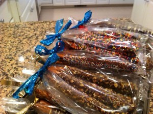 - While pretzels are still cooling, sprinkle your pretzels with your favorite toppings 

(Sprinkles, nuts, etc) 
