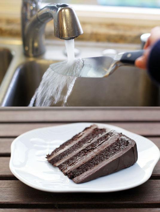 3. Use a hot knife to slice cake perfectly.