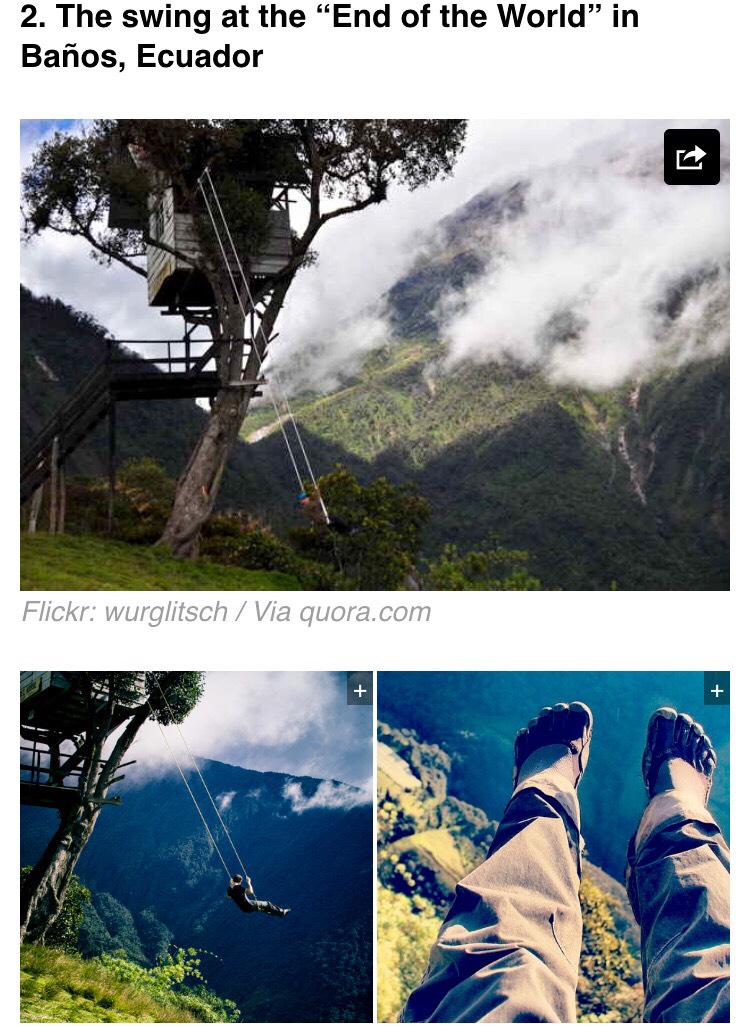 At the edge of Ecuador sits a rickety tree house (casa del árbol) overlooking an active volcano in the near distance. With it comes a swing with no harnesses, inviting only the bravest of risk-takers to experience a killer view.