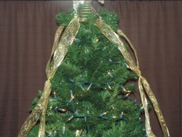 Now that you have the ribbons evenly distributed around the tree, it's time to make the first criss cross. Starting any where on the tree, select two ribbons that are next to each other and cross them. You want to make your cross about 12 inches from the top of the tree.