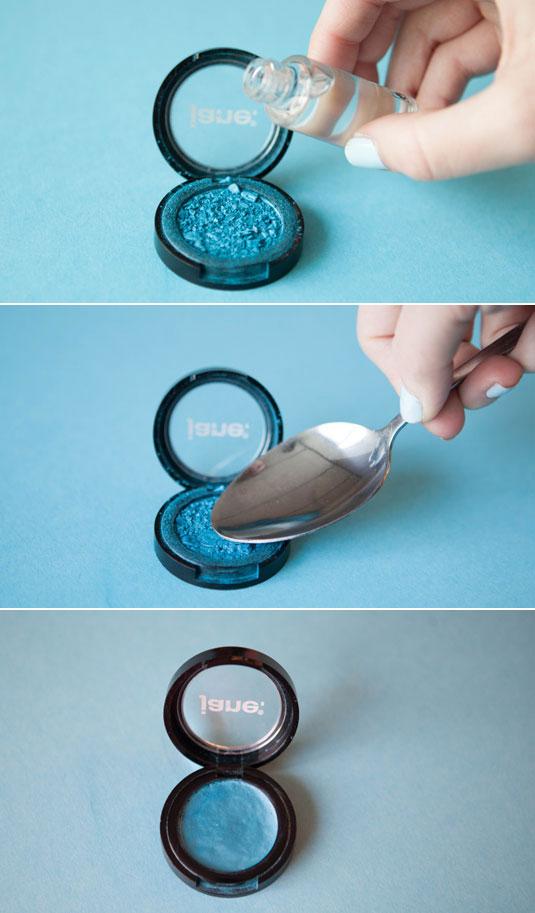 4. Fix broken eyeshadow by adding drops of rubbing alcohol and pressing it together with the back of a spoon.