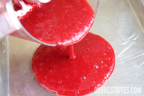 Both silicone and plastic wrap work the best in my opinion.  The fruit will stick to both foil and parchment so I don’t recommend those.  If you do decide to try it, you need to spray it with non-stick spray or brush it with vegetable oil first.  I think plastic and silicone really work the best!